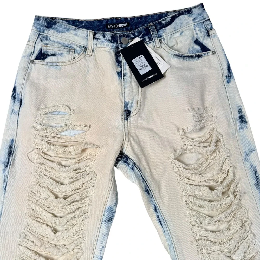 Fashion Nova Break It Off Boyfriend Jeans Bleach Blue Wash Distressed Size 5 NEW